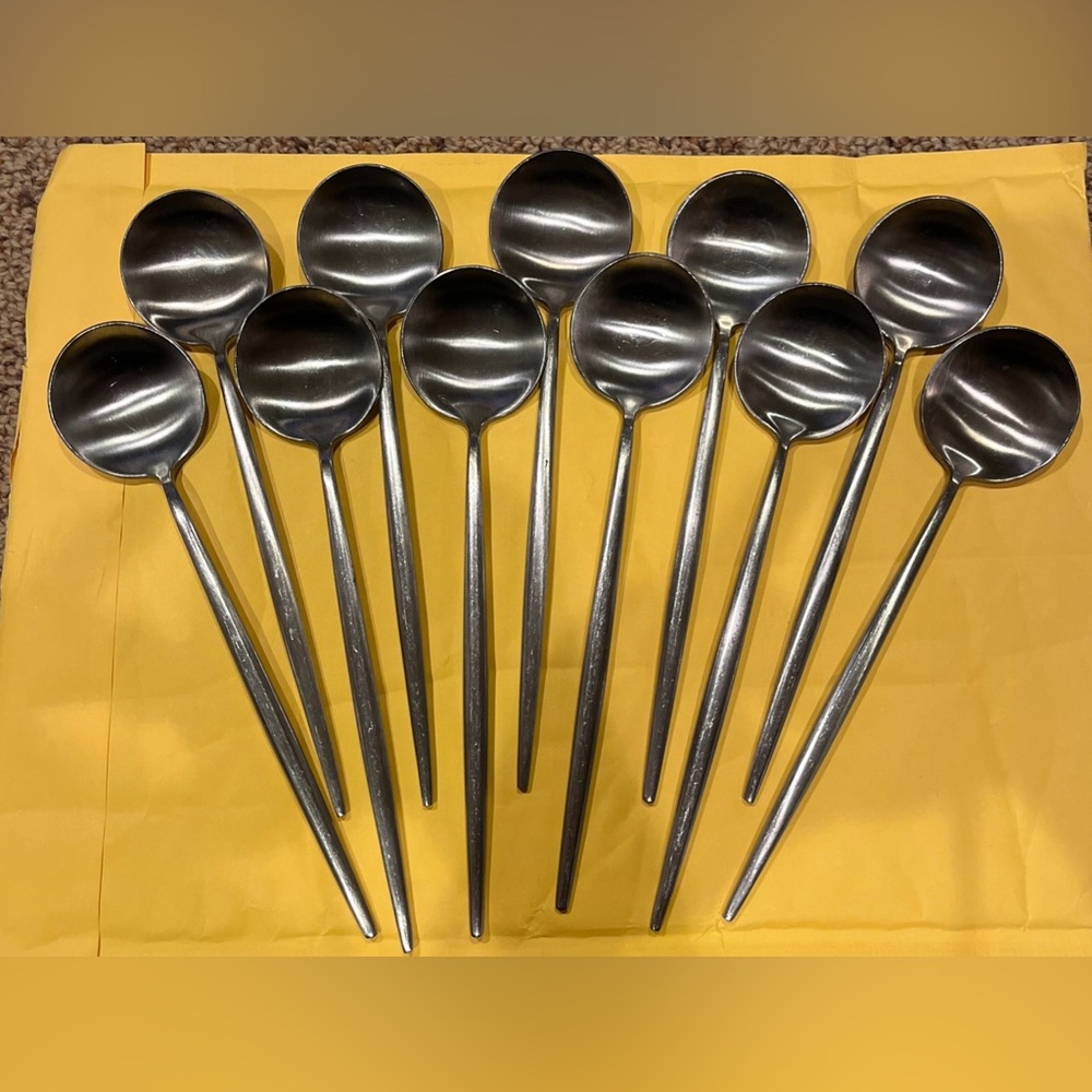 Vtg Moon Matte Silver Stainless Steel long Handle Serving Table Spoons Set of 11